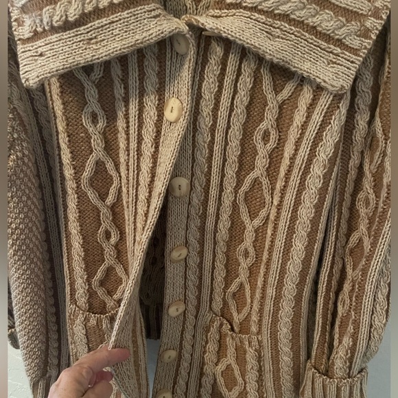 Aran Crafts Merino Wool Cable Knit Sweater - Tan and Cream - Picture 3 of 6